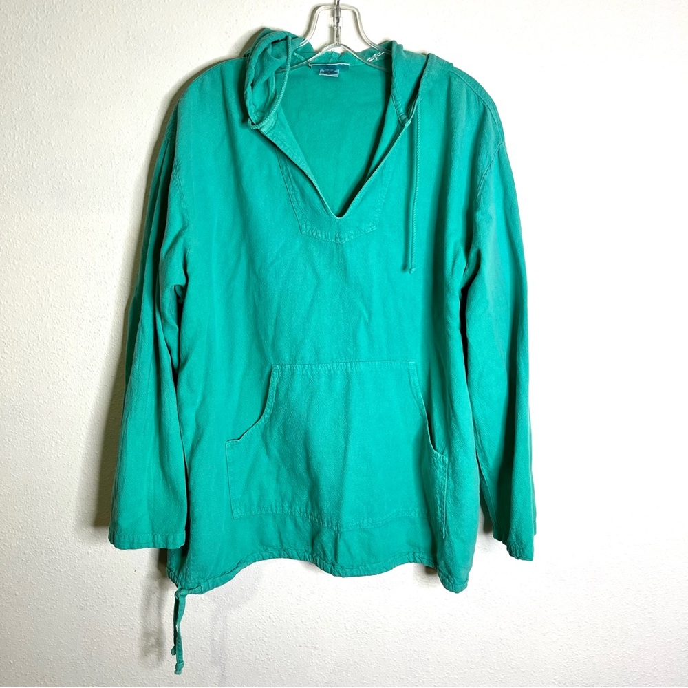 Soft Surroundings Teal Top woven cotton beach hoodie pullover aqua blue sz L